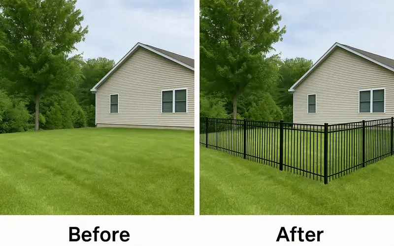 Before-and-after photo of property with added aluminum fencing