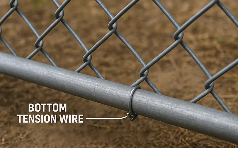 Bottom tension wire with hog rings connecting mesh