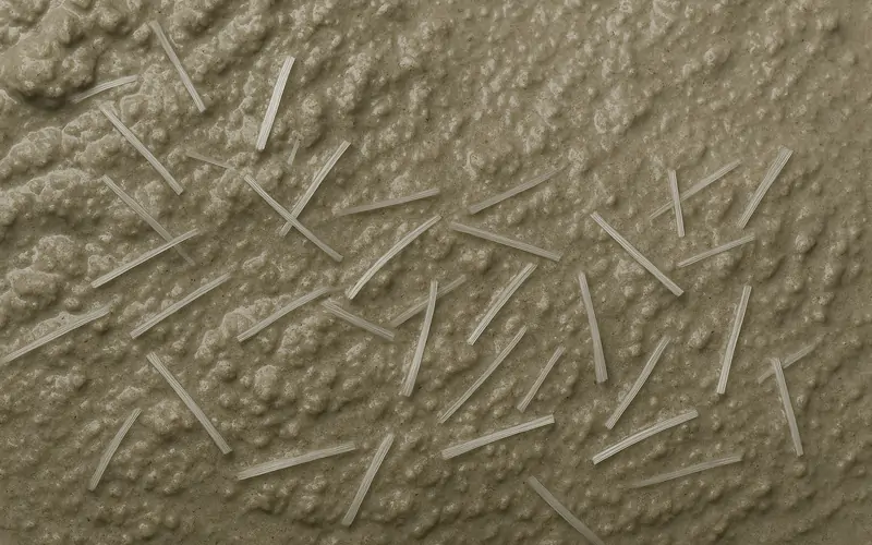 Close-up of polypropylene fibers mixed into wet concrete