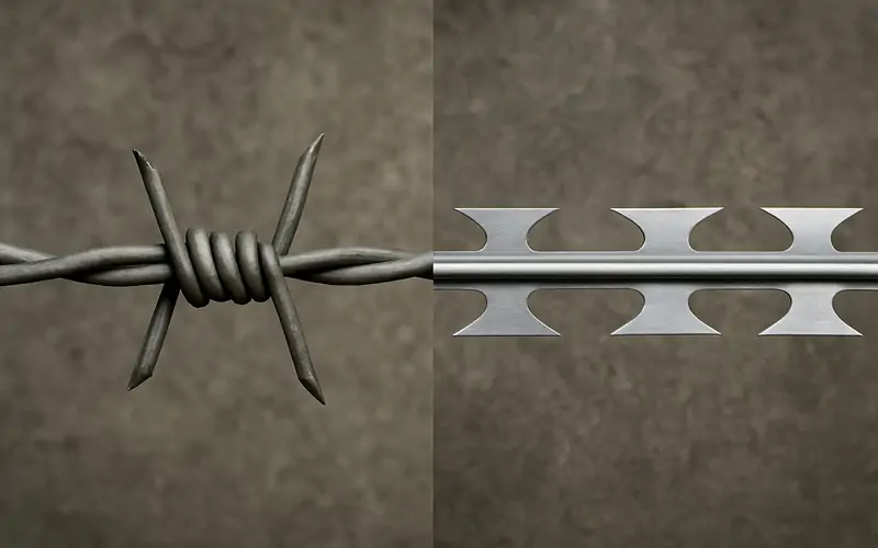 Close-up photo comparing barbed wire and razor wire