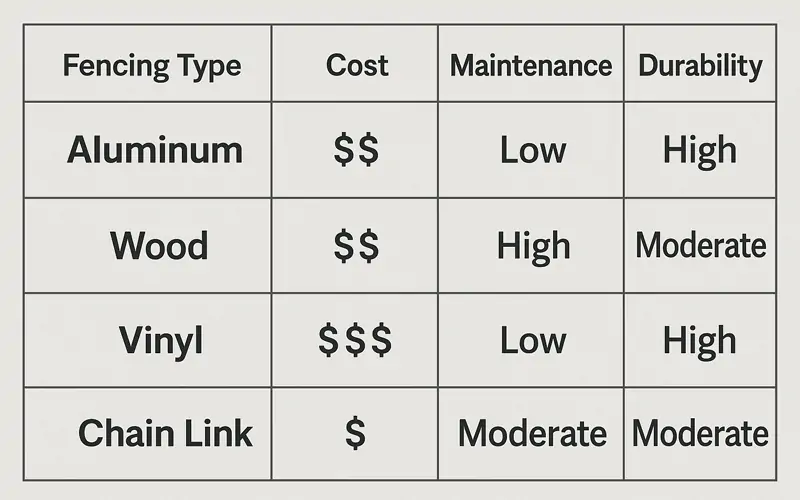 Comparison table of aluminum vs other fencing types