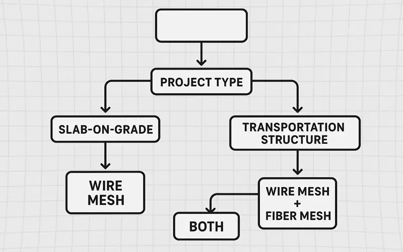 Flowchart guiding users to choose wire mesh, fiber mesh, or both based on project type