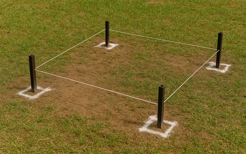 Marked fence layout with string lines and corner markers