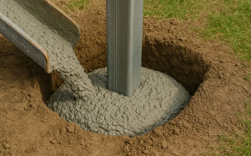 Pouring concrete into a fence post hole