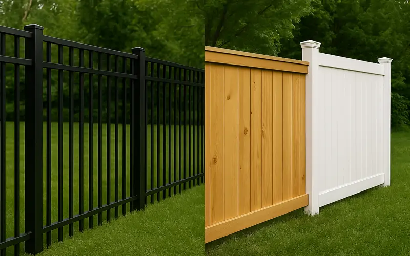 Side-by-side comparison of aluminum vs wood and vinyl fences