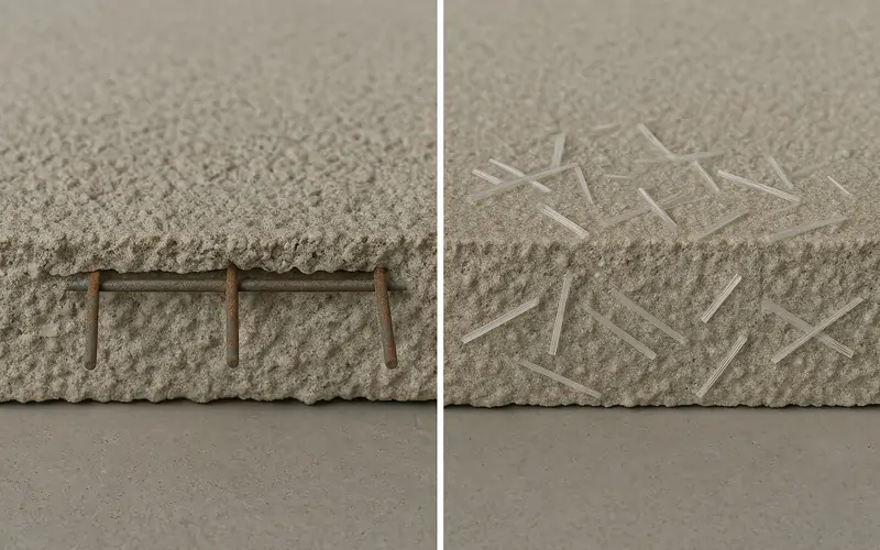 Side-by-side visual comparison of wire mesh vs fiber mesh in concrete slabs