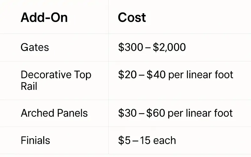 Table comparing common aluminum fence add-ons and their costs